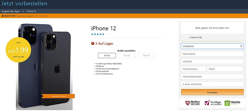 Screenshot der betrügerischen Seite mit dem Gewinn eines iPhone12