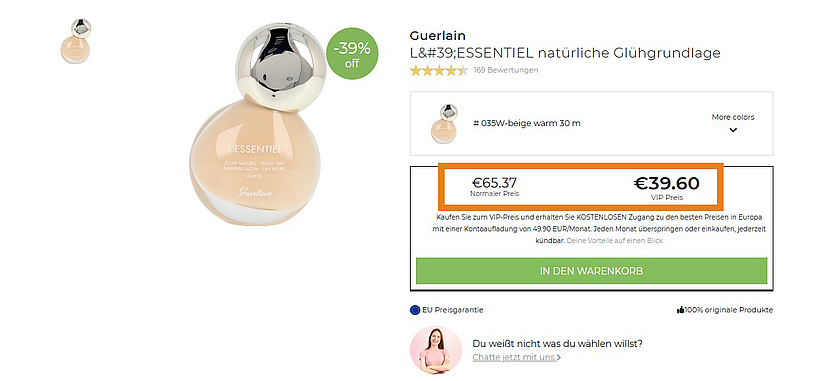 Screenshot eines Make-Up-Produktes, bei dem zwei verschiedene Preise angezeigt werden: normaler Preis und VIP-Preis.
