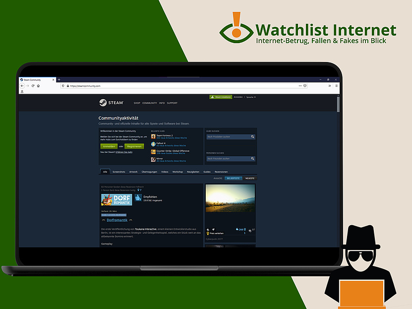 Laptop mit einem Screenshot der Steam-Startseite, oben rechts ist das Watchlist Internet Loge, unten rechts ein Symbol für einen Verbrecher. 