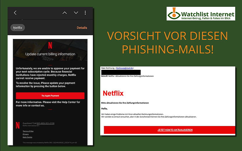 Screenshots von zwei verschiedenen Netflix-Phishing-Mails.