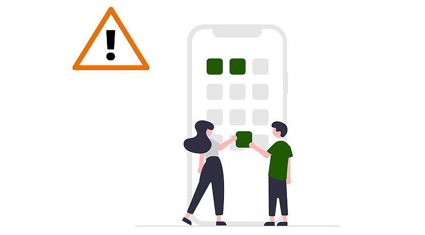 Illustration mit zwei Menschen, die vor einem Smartphone stehen und auf App-Symbole tippen