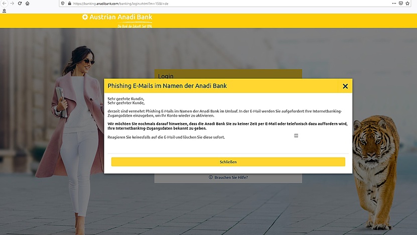 Screenshot der Warnung "Phsihing E-Mals im Namen der Anadi Bank" auf der Webseite der Anadi Bank. 