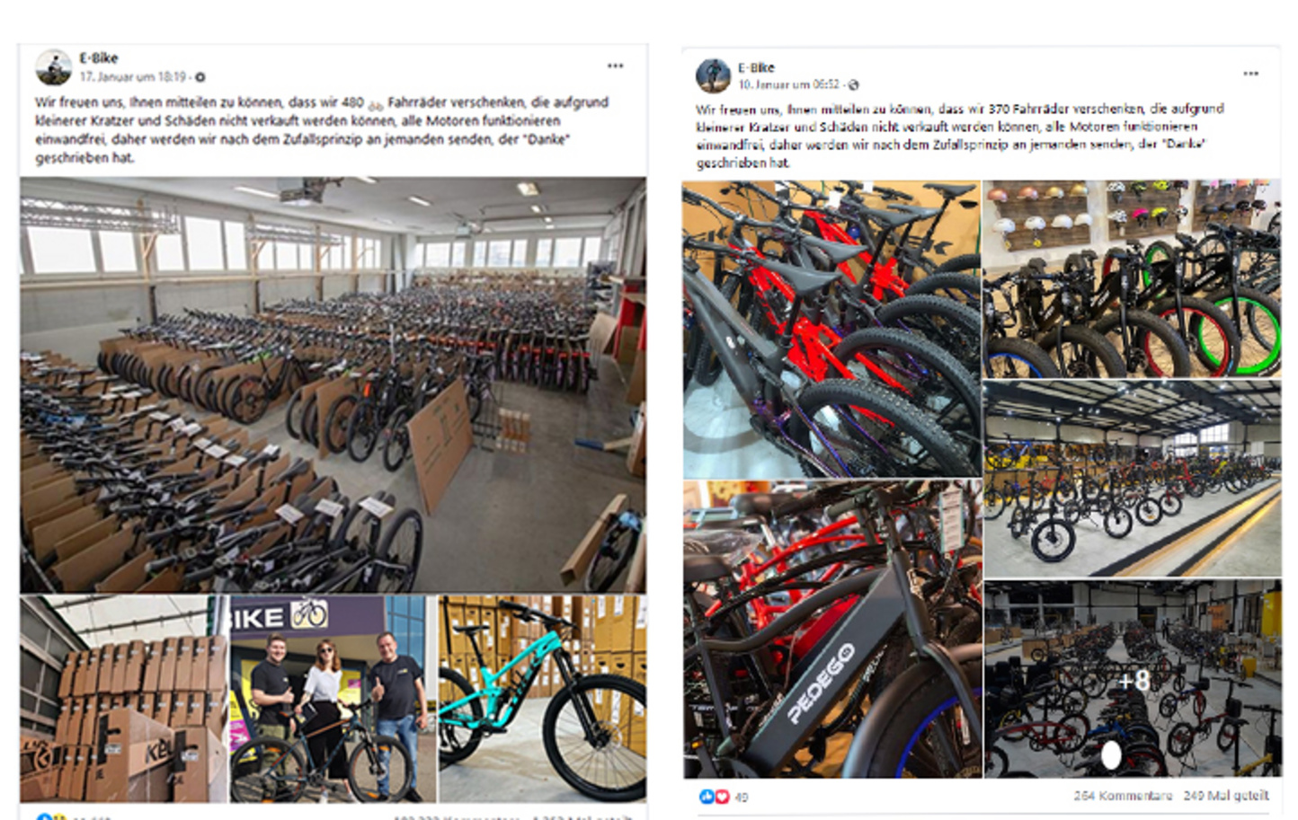 Screenshot: Facebook-Beiträge von betrügerischen Seiten, die angeblich E-Bikes verschenken