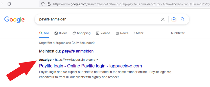 eine bezahlte Anzeige in der Google Suche führt auf eine Phishing-Seite