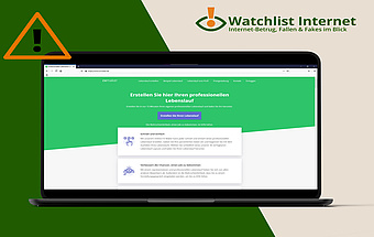 Screenshot der Seite cvmaker.de, rechts oben findet sich ein Warnsymbol und rechts oben das Watchlist Internet-Logo.