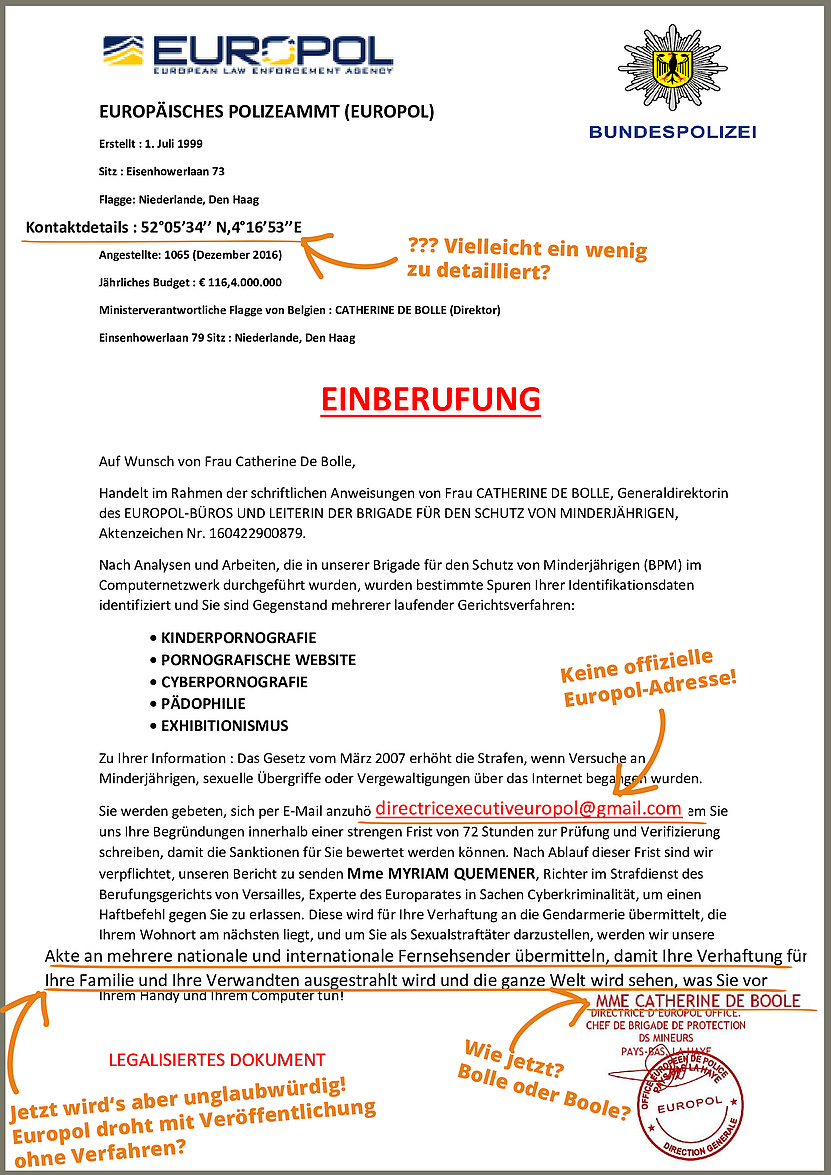 Screenshot des betrügerischen "Europol-Dokuments"