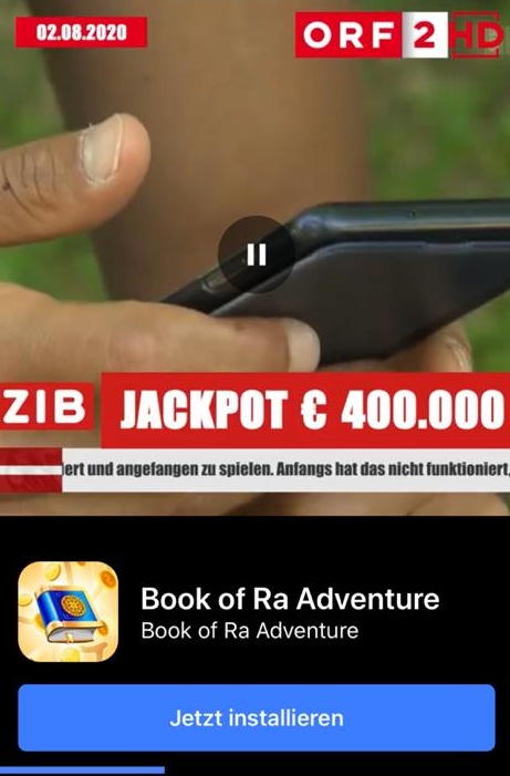 Screenshot von der Book of Ra Adventure Handywerbung, die ebenfalls als ZIB-Werbung getarnt ist.