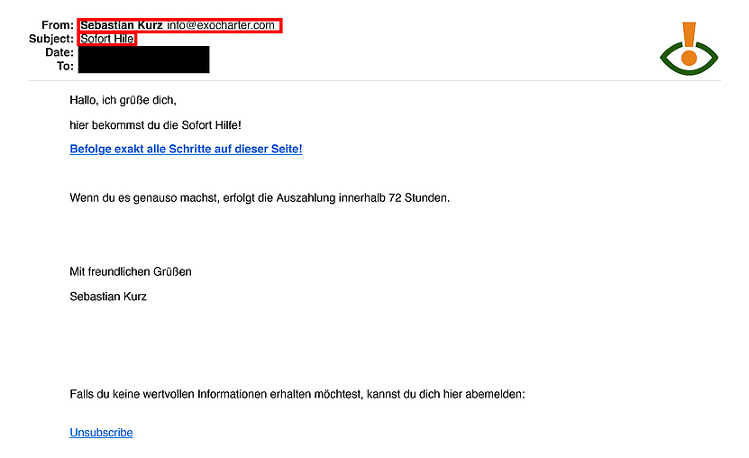 Screenshot der E-Mail, die Soforthilfe von Sebastian Kurz verspricht