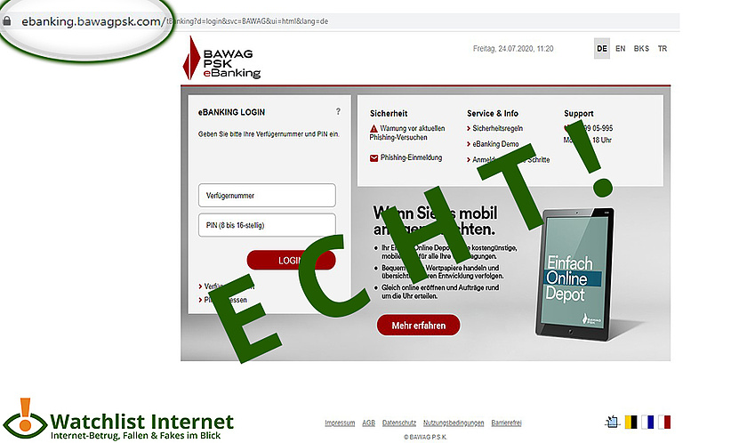Screenshot der echten BAWAG-Seite mit dem grünen Schriftzug ECHT darüber. 