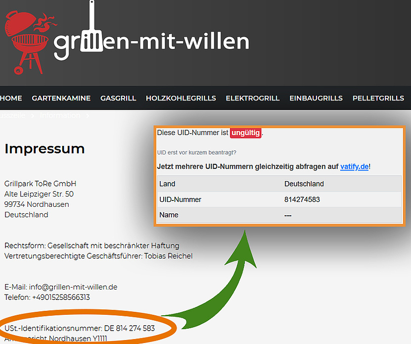 Screenshot des Impressums auf grillen-mit-willen.de, mit einem Screenshot von der Info, dass die UID-Nummer ungültig ist.