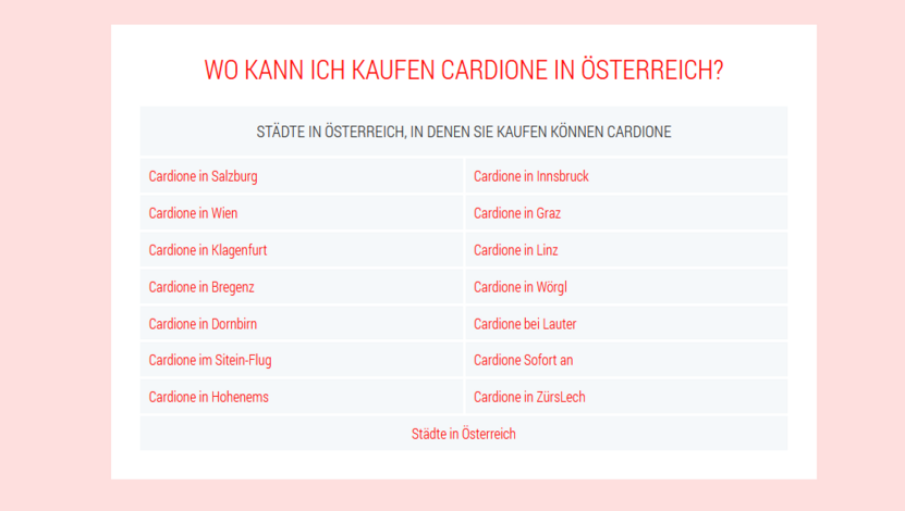 Screenshot der Cardione.at Website, Zahlreiche Fehler fallen auf: WO KANN ICH KAUFEN CARDIONE IN ÖSTERREICH?