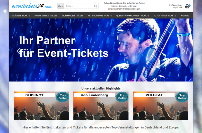 Die Startseite von eventtickets24.com der Smartfox Media b.v.
