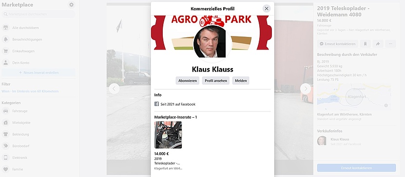 Screenshot zu den Verkäuferinfos von Klaus Klaas, ganz oben ist zu lesen "Kommerzielles Profil"