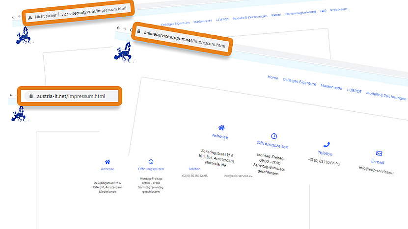 Screenshots der drei Webseiten von Vicca Security, Austria IT und Online Service Support