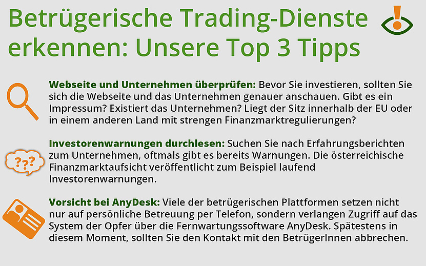 Betrügerische Trading-Dienste erkennen: Unsere Top 3 Tipps - Webseite und Unternehmen überprüfen, Investorenwarnungen durchlesen, Vorsicht bei AnyDesk 