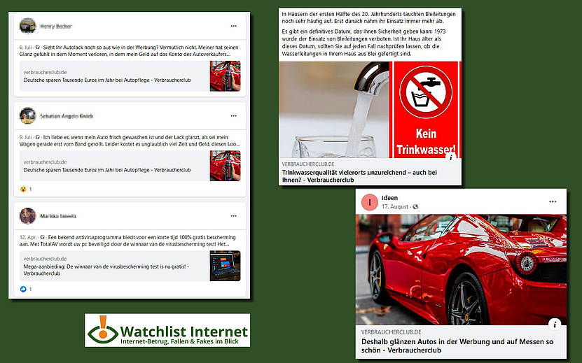 Screenshot von mehreren Artikel, die auf Facebook verlinkt wurden und auf verbraucherclub.de verweisen 