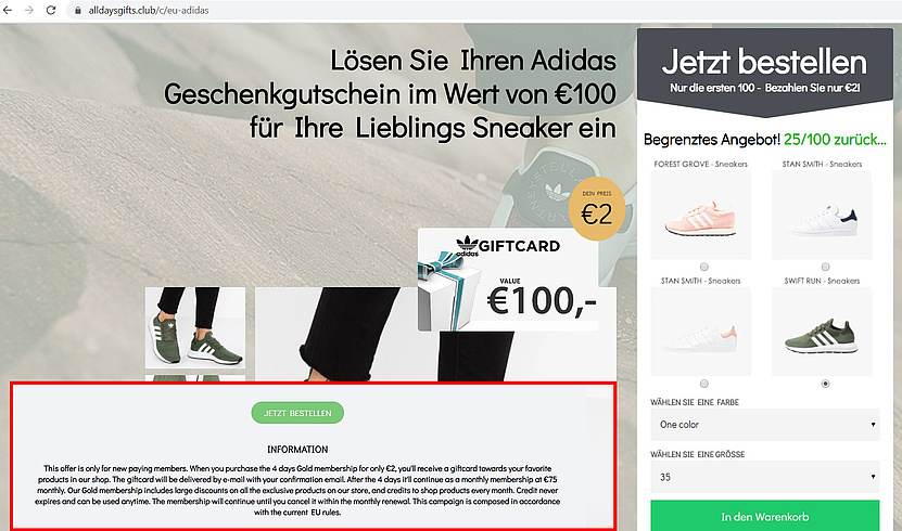 Screenshot der Seite auf der Sie Ihren Lieblings-Sneaker für zwei Euro bestellen können. 