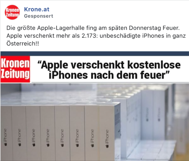 Gefälschte Krone.at-Werbeschaltungen auf Facebook