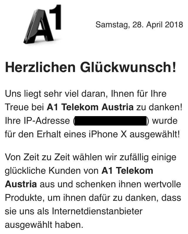 Eine gefälschte A1 Telekom Austria AG-Gewinnbenachrichtigung.