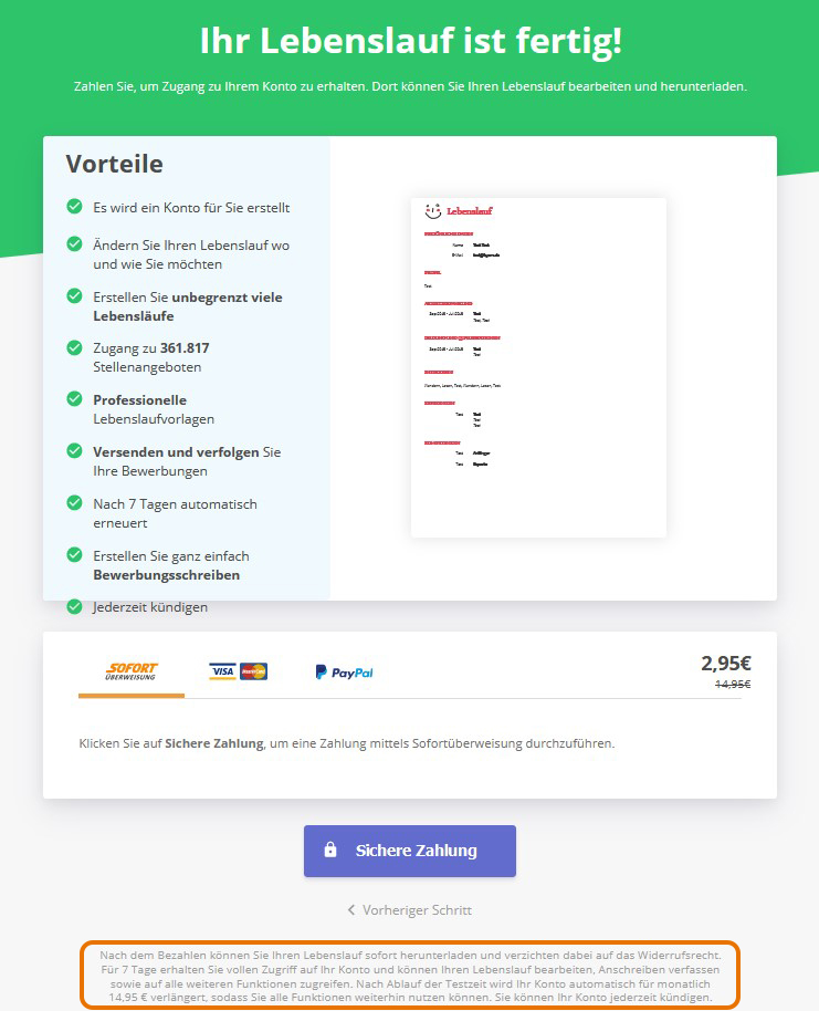 Screenshot des Bezahlprozesses auf cvmaker.de
