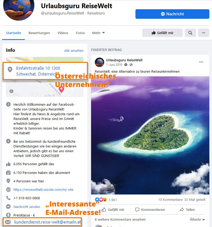Screenshot der Facebookseite "Urlaubsguru ReiseWelt"