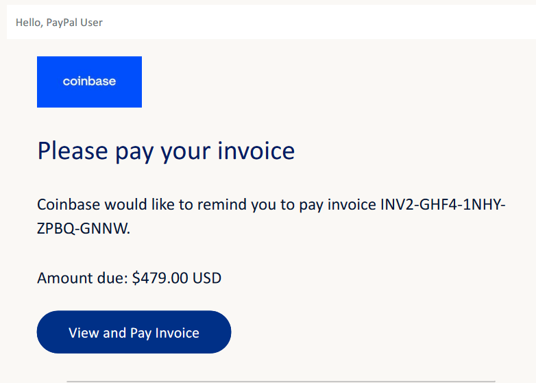 Eine echte PayPal-Mail zu einer betrügerischen Rechnung für eine Coinbase-Zahlung