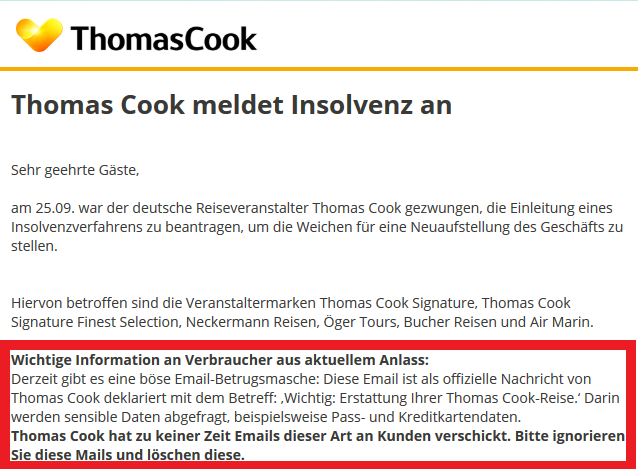 Die Warnung vor den Phishing-Mails auf thomascook.de. Die Nachrichten stammen von Kriminellen und müssen ignoriert werden.