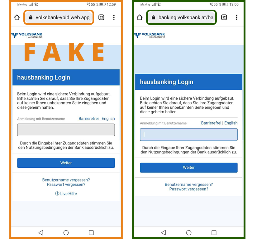 Screenshot der Fake-Login-Seite und der echten Login-Seite