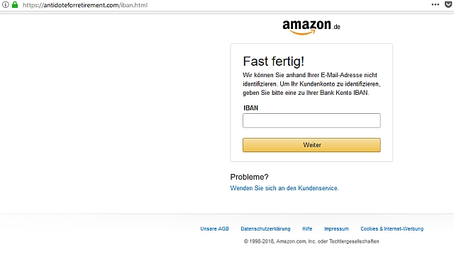Eine gefälschte Amazon-Website, die den IBAN von Besuchern abfragt.