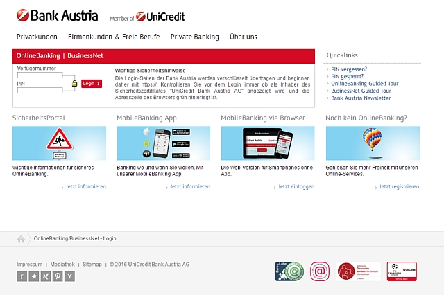 Eine gefälschte Bank Austria-Phishingsite.