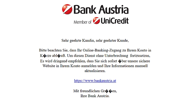 Fehlerhafte Sonderzeichen in der gefälschten Bank Austria-Mail.