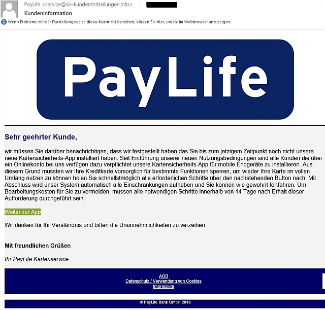 Eine gefälschte PayLife-Nachricht, die zur Installation einer Sicherheits-App auffordert.