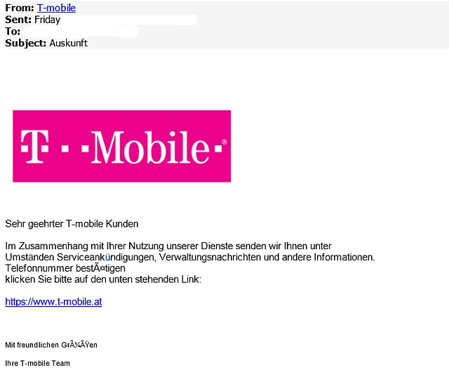 Eine gefälschte T-Mobile-Phishingmail.