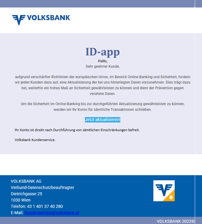 Phishing-Mail im Namen der Volksbank