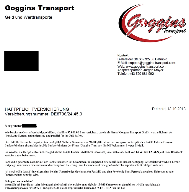 Ein betrügerisches Schreiben von Goggings Transport.