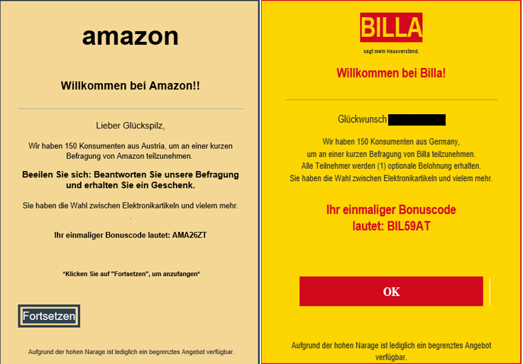 Die gefälschten E-Mails im Namen von Amazon und Billa