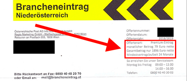 Der versteckte Kostenhinweis auf dem Fax des Brancheneintrag Niederösterreichs.