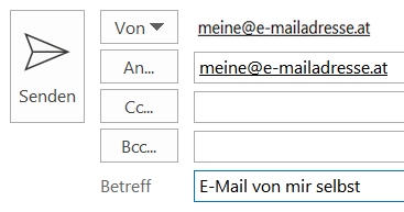 Eine E-Mail, die über eine idente Absender/innen- und Empfänger/innen-Adresse verfügt.