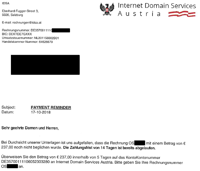 Eine Mahnung der Internet Domain Services Austria (IDSA).