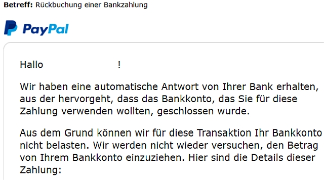 PayPal informiert darüber, dass ein Bankkonto geschlossen wurde.