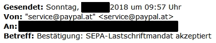 Um 09:57 Uhr versendet PayPal eine Benachrichtigung darüber, dass ein SEPA-Lastschriftmandat akzeptiert wurde. / Screenshot by Watchlist Internet