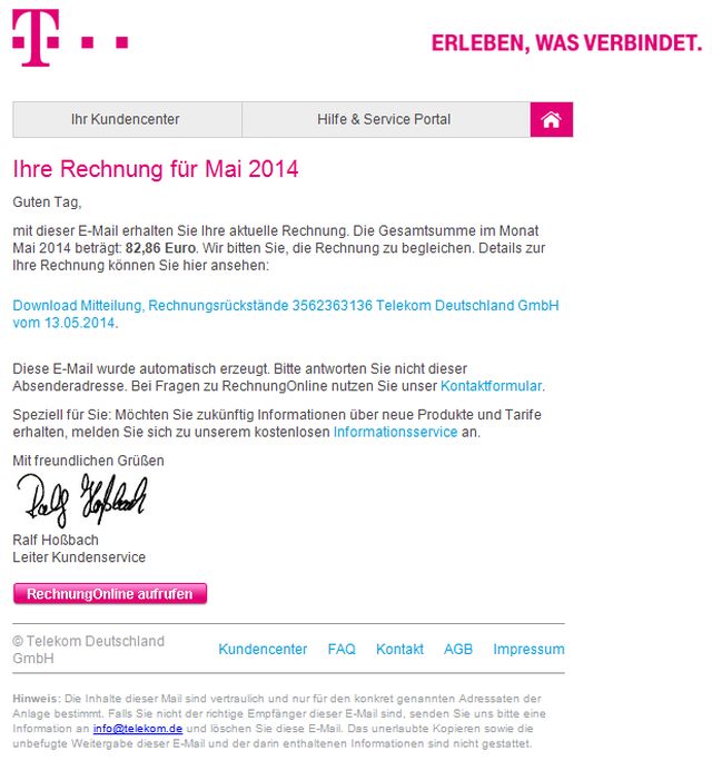 Eine gefälschte Telekom Deutschland-Mail. 
